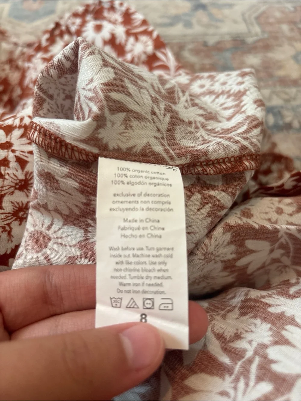 Girls Square-Neck Puff-Sleeve Floral Dress in Rust and Cream